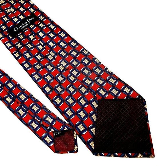 Christian Dior Monsieur Silk Tie Print Short Wide Red Geometric - Picture 5 of 6